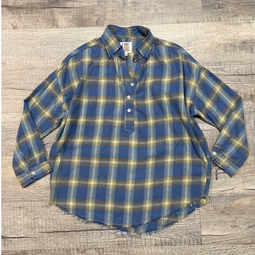 A Shirt Thing Petite Small SP Half Button Flannel Top Distressed‎ Plaid Popover
